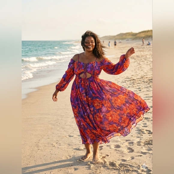 Dresses & Skirts - Loragal Vibrant Floral Chic Maxi Dress V- Neckline Wide Sleeves & Open Slit